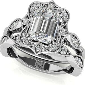 Antique Vintage Style Halo Emerald Cut Moissanite Engagement Ring Handmade